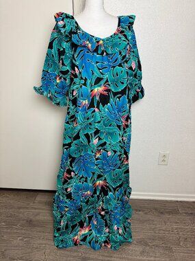NWOT Vintage Hilo Hattie Hawaiian Muumuu Maxi Dress  Ruffle Floral Bird Sz L